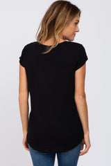 Black Solid Short Sleeve Curved Hem Top