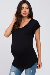 Black Solid Short Sleeve Curved Hem Maternity Top