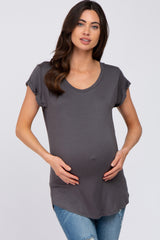 Charcoal Solid Short Sleeve Curved Hem Maternity Top