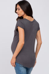 Charcoal Solid Short Sleeve Curved Hem Maternity Top