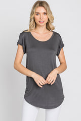 Charcoal Solid Short Sleeve Curved Hem Top