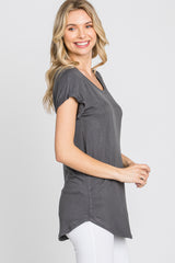 Charcoal Solid Short Sleeve Curved Hem Top