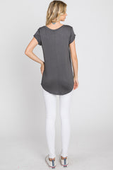 Charcoal Solid Short Sleeve Curved Hem Top