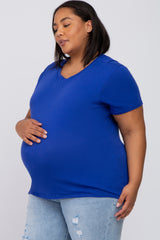 Royal Blue Solid Short Sleeve Plus Maternity Top