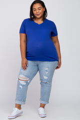 Royal Blue Solid Short Sleeve Plus Maternity Top