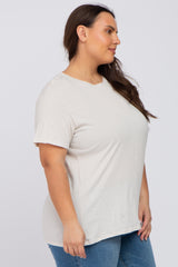 Beige Solid Short Sleeve Plus Top