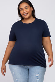 Navy Blue Solid Short Sleeve Plus Maternity Top