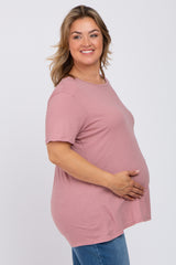 Mauve Solid Short Sleeve Plus Maternity Top