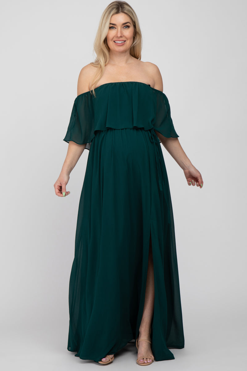 Emerald Green Chiffon Off Shoulder Maternity Maxi Dress– PinkBlush