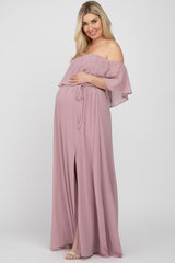 Mauve Chiffon Off Shoulder Maternity Maxi Dress