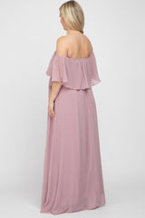 Mauve Chiffon Off Shoulder Maternity Maxi Dress