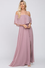 Mauve Chiffon Off Shoulder Maternity Maxi Dress