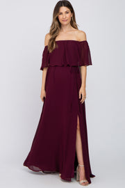 Burgundy Chiffon Off Shoulder Maternity Maxi Dress