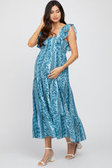 Blue Floral Paisley Print Ruffle Maternity Maxi Dress