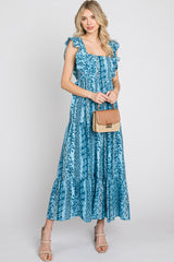 Blue Floral Paisley Print Ruffle Maternity Maxi Dress