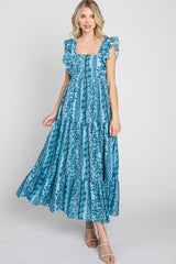 Blue Floral Paisley Print Ruffle Maxi Dress