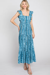 Blue Floral Paisley Print Ruffle Maxi Dress