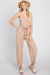 Light Mocha Shoulder Tie Linen Jumpsuit