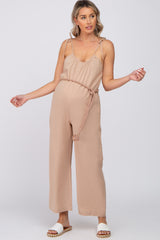 Light Mocha Shoulder Tie Linen Maternity Jumpsuit