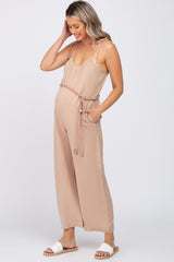 Light Mocha Shoulder Tie Linen Maternity Jumpsuit