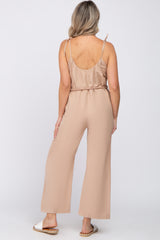 Light Mocha Shoulder Tie Linen Maternity Jumpsuit