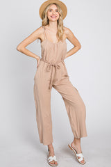 Light Mocha Shoulder Tie Linen Maternity Jumpsuit