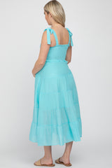 Aqua Smocked Tie Strap Tiered Maternity Midi Dress