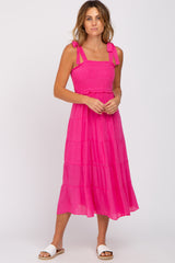 Fuchsia Smocked Tie Strap Tiered Midi Dress