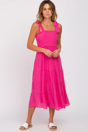 Fuchsia Smocked Tie Strap Tiered Midi Dress