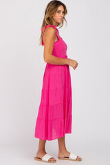 Fuchsia Smocked Tie Strap Tiered Midi Dress