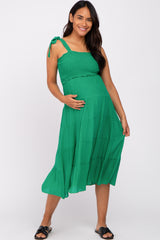 Green Smocked Tie Strap Tiered Maternity Midi Dress