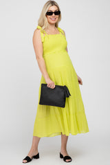 Neon Yellow Smocked Tie Strap Tiered Maternity Midi Dress