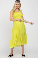 Neon Yellow Smocked Tie Strap Tiered Maternity Midi Dress