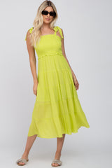 Neon Yellow Smocked Tie Strap Tiered Maternity Midi Dress