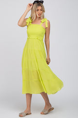 Neon Yellow Smocked Tie Strap Tiered Midi Dress