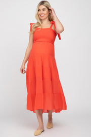 Red Smocked Tie Strap Tiered Maternity Midi Dress