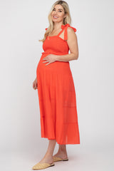 Red Smocked Tie Strap Tiered Maternity Midi Dress