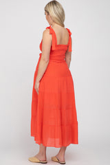 Red Smocked Tie Strap Tiered Maternity Midi Dress