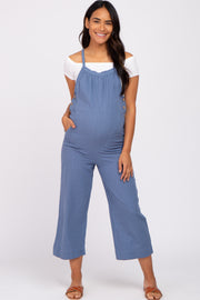 Blue Striped Wide Leg Cropped Maternity Overalls