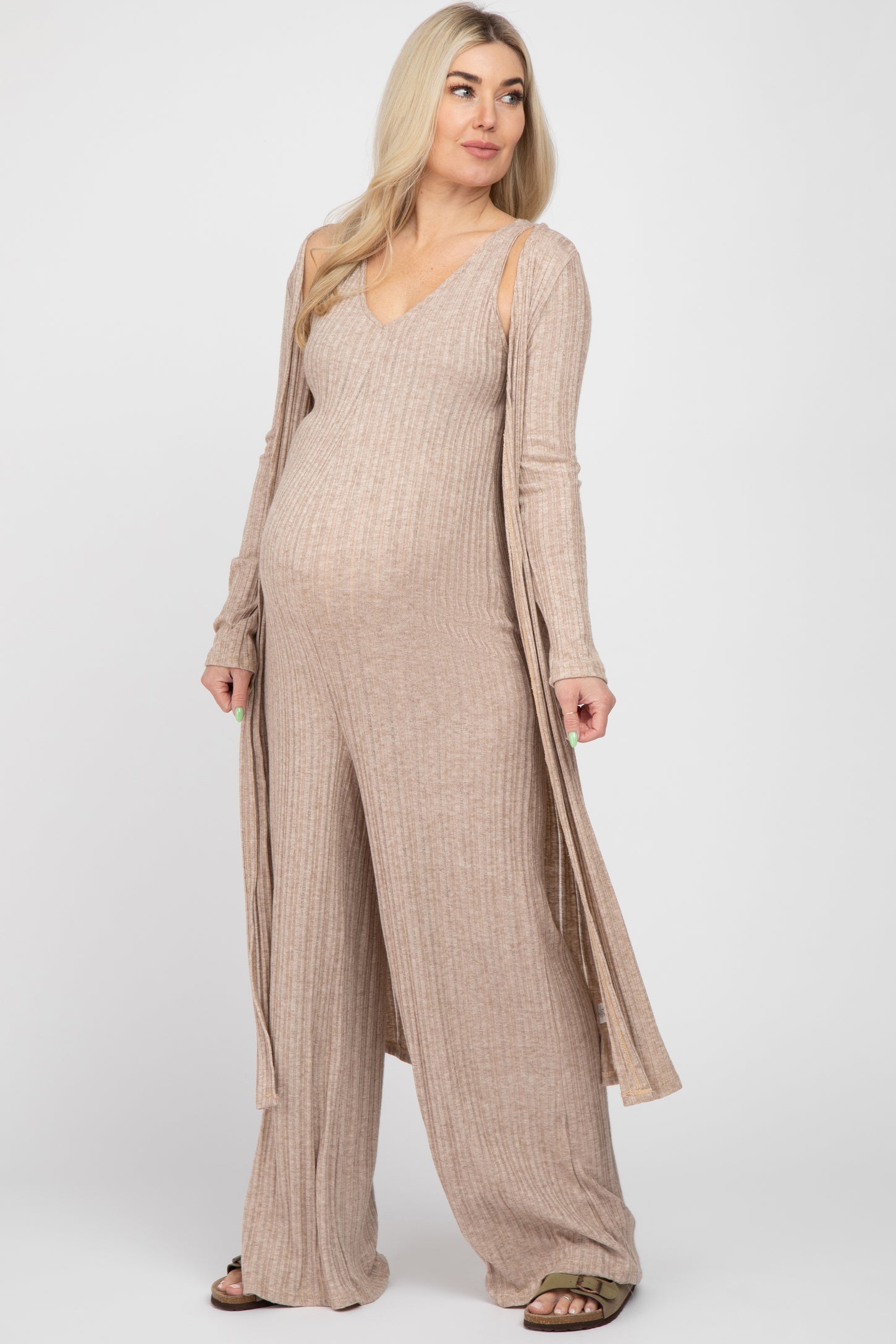 Mocha Ribbed Soft Knit Maternity Jumpsuit Set– PinkBlush