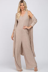 Mocha Ribbed Soft Knit Jumpsuit Set