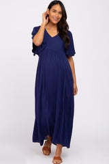 Navy Blue Smocked Ruffle Shoulder Maternity Maxi Dress