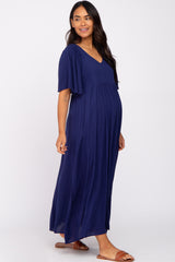 Navy Blue Smocked Ruffle Shoulder Maternity Maxi Dress