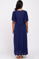 Navy Blue Smocked Ruffle Shoulder Maternity Maxi Dress