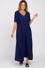 Navy Blue Smocked Ruffle Shoulder Maternity Maxi Dress