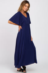 Navy Blue Smocked Ruffle Shoulder Maxi Dress