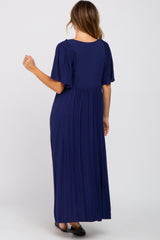 Navy Blue Smocked Ruffle Shoulder Maxi Dress