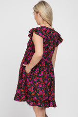 Black Multi-Color Floral Ruffle Accent Maternity Dress