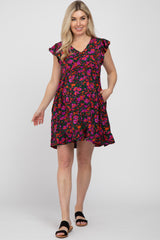 Black Multi-Color Floral Ruffle Accent Maternity Dress