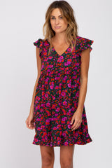 Black Multi-Color Floral Ruffle Accent Maternity Dress